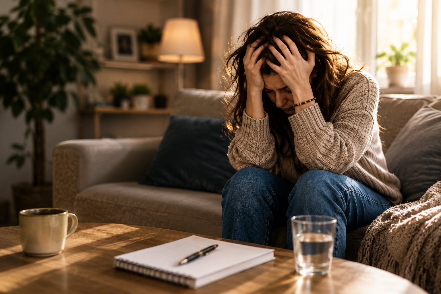 Mulher emocionalmente cansada sentada no sofá refletindo sobre sintomas da depressão