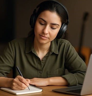 Pessoa concentrada criando com música como suporte para foco e rotina