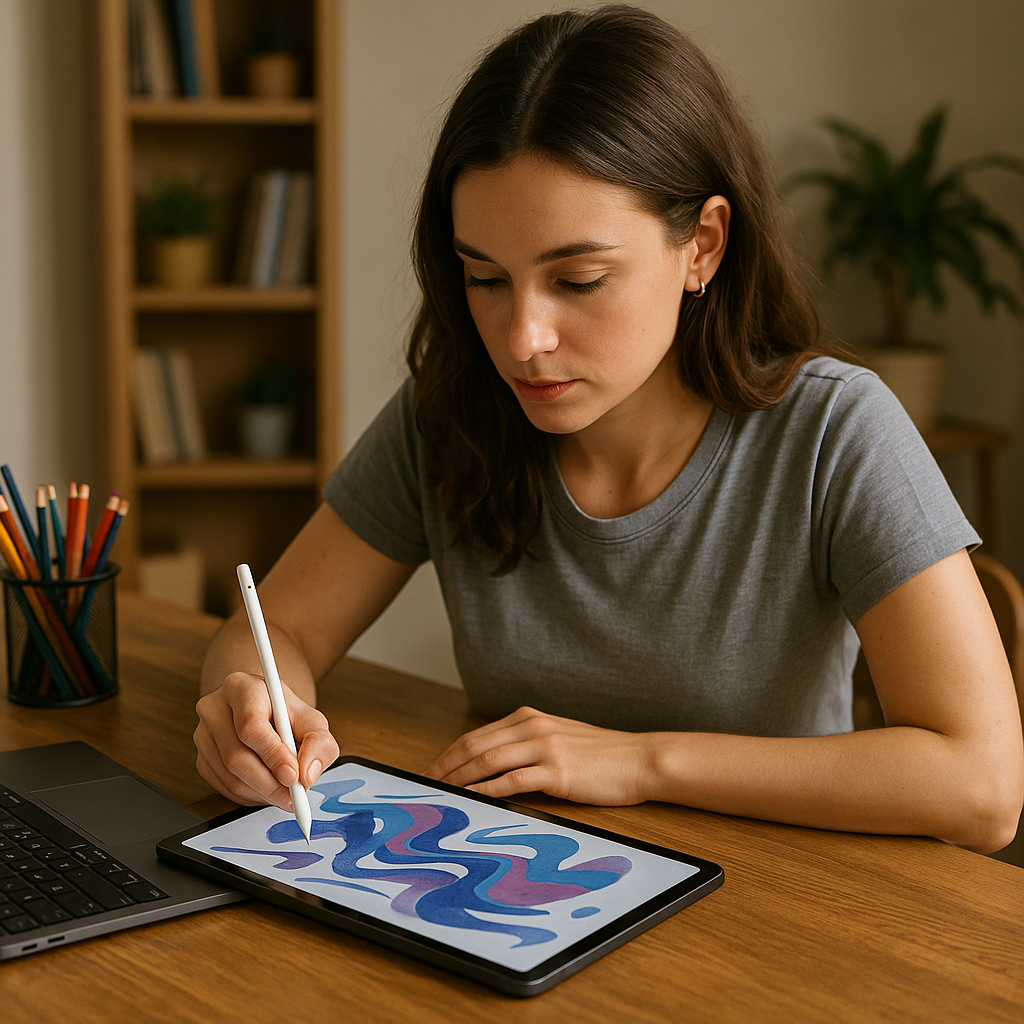 Artista digital criando ilustração em tablet de forma acessível