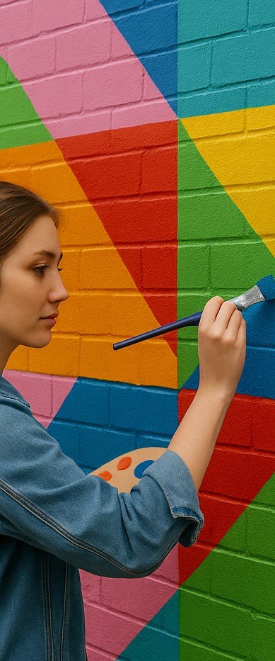 Mural com personagem e cores em tons roxo, amarelo e rosa, trazendo destaque e identidade