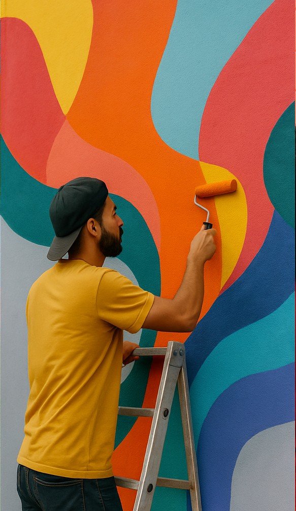 Pintura de mural abstrato com rolo e pincéis, explorando contraste e camadas de cor