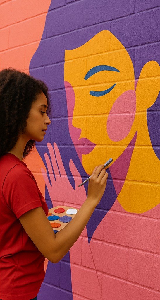 Artista pintando mural geométrico com cores vibrantes e composição moderna