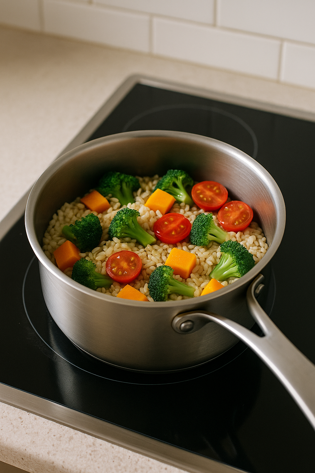 Panela com arroz sendo preparado de forma simples, com foco em cozinha saudável