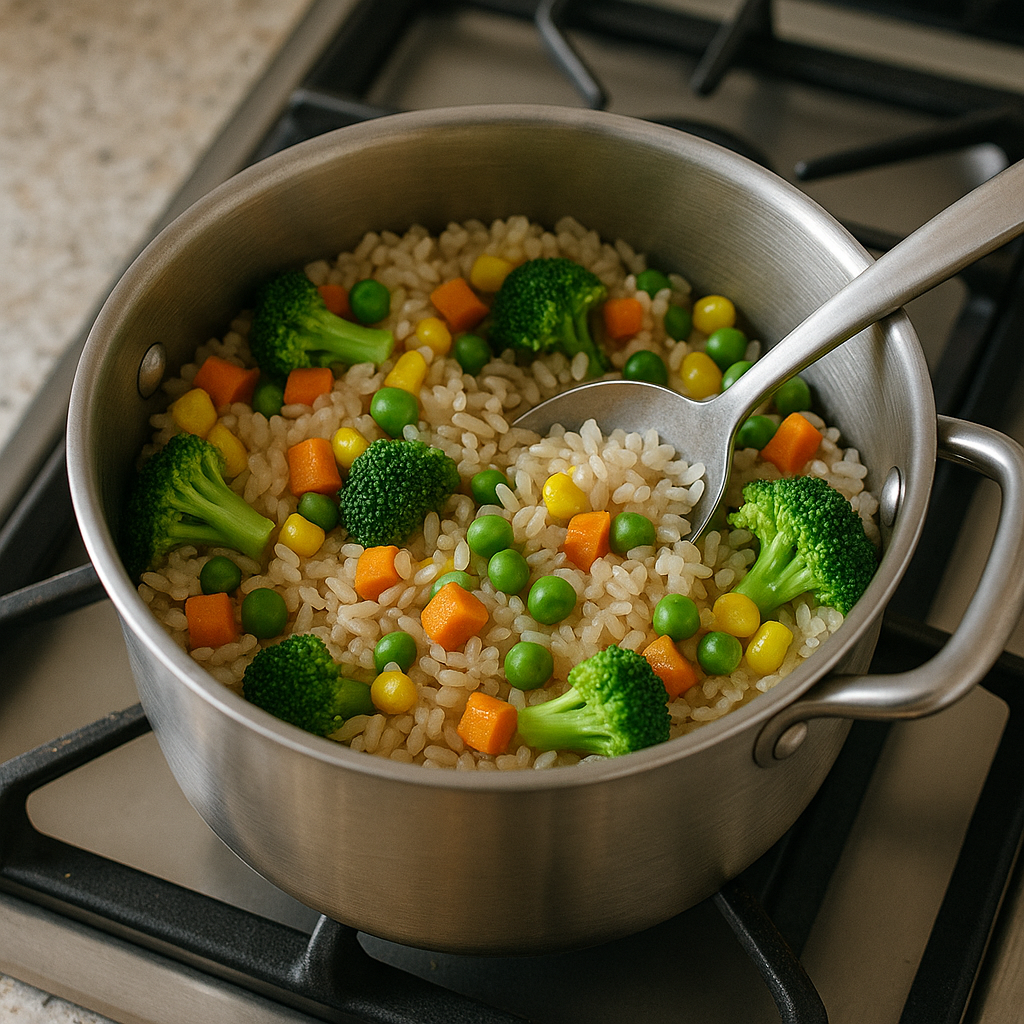 Arroz saudável servido com legumes, visual leve e caseiro