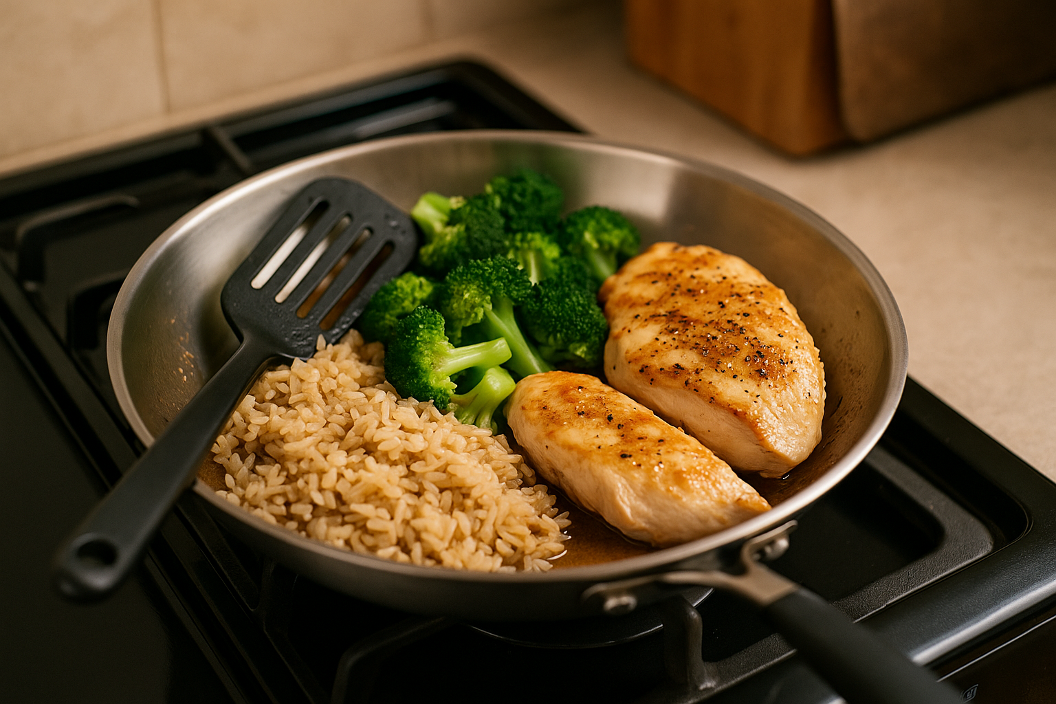 Mãe preparando jantar saudável rápido na cozinha para a família