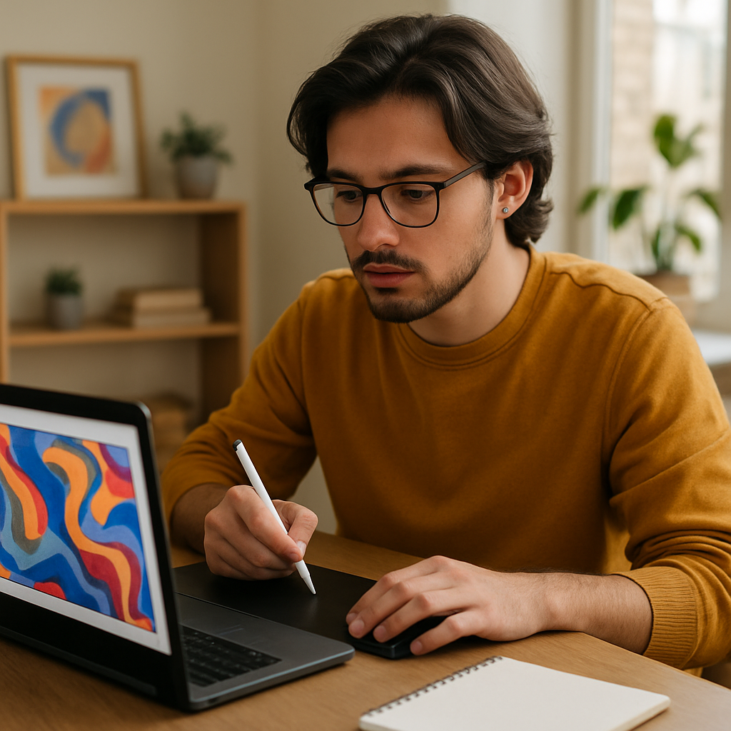 Mulher criando arte digital em tablet com ferramentas acessíveis