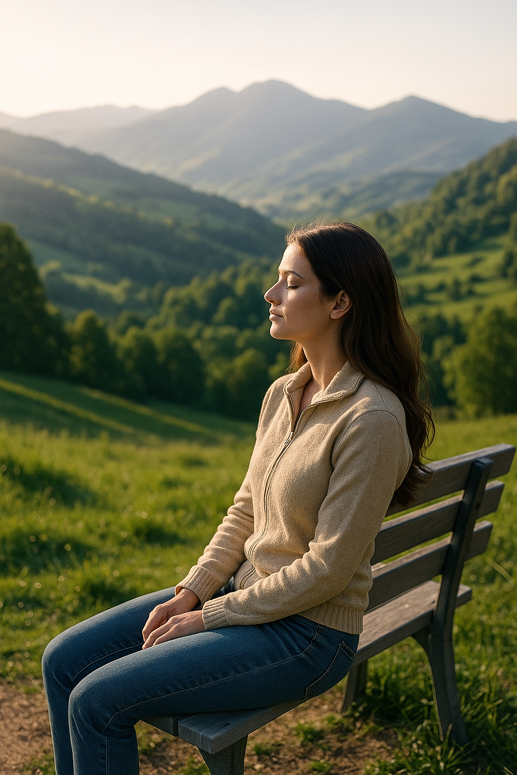 Mulher sozinha à beira de um lago ao amanhecer, representando tranquilidade e reflexão em viagem