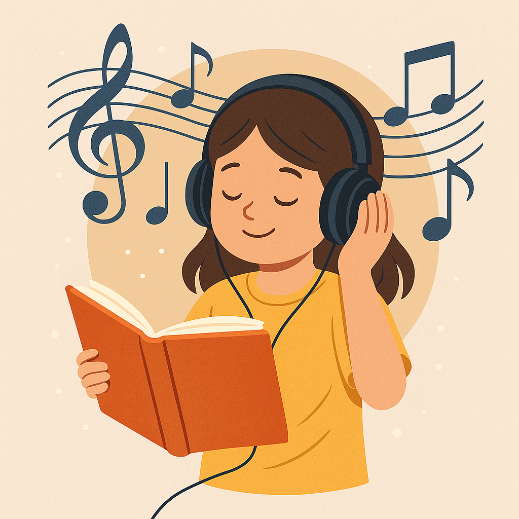 Pessoa criando em ambiente tranquilo ouvindo música clássica