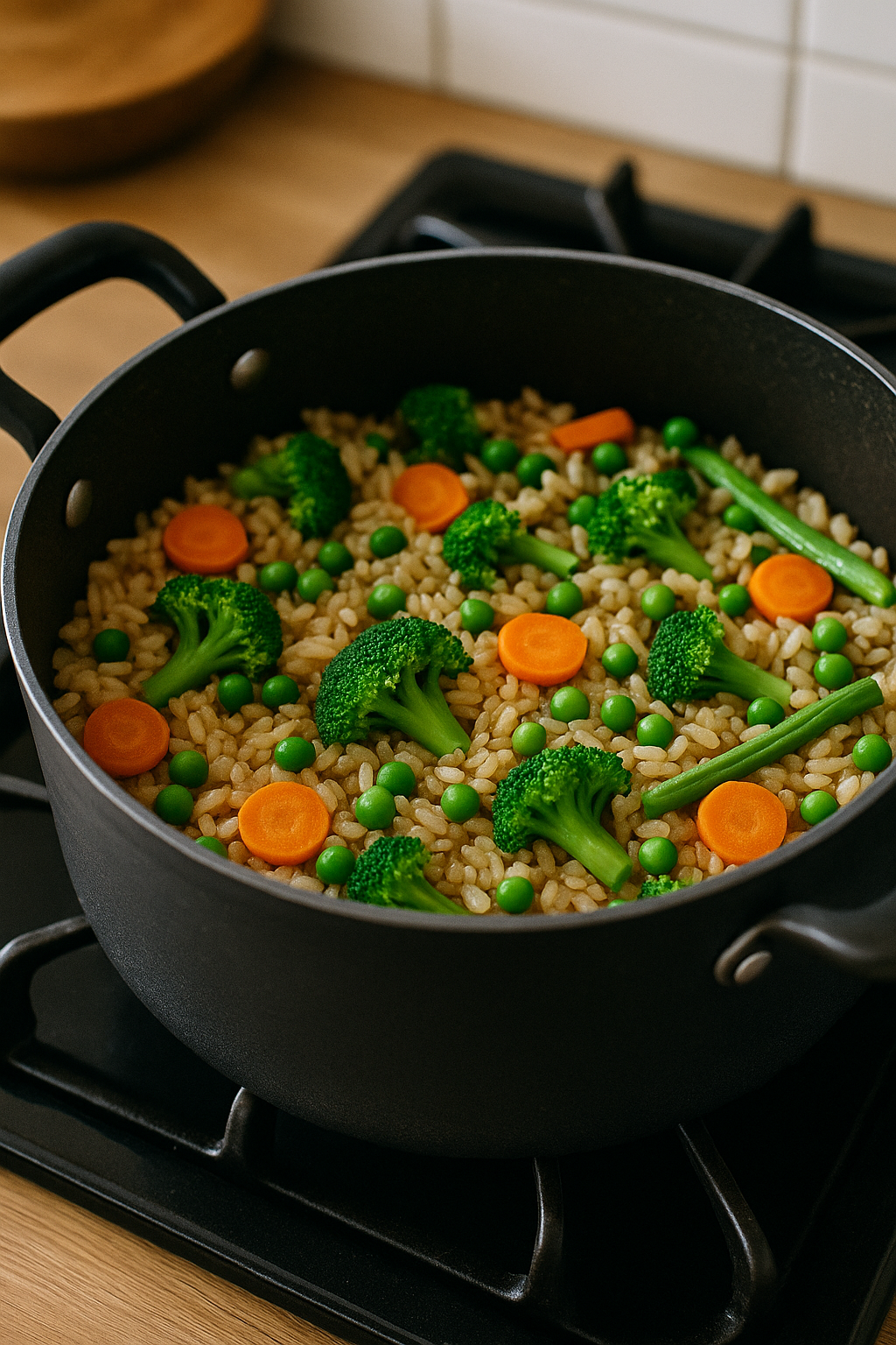 Prato equilibrado com arroz e acompanhamentos leves, reforçando a ideia de alimentação saudável