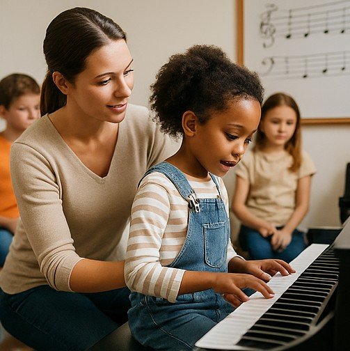 Criança concentrada durante atividade de aprendizagem com música