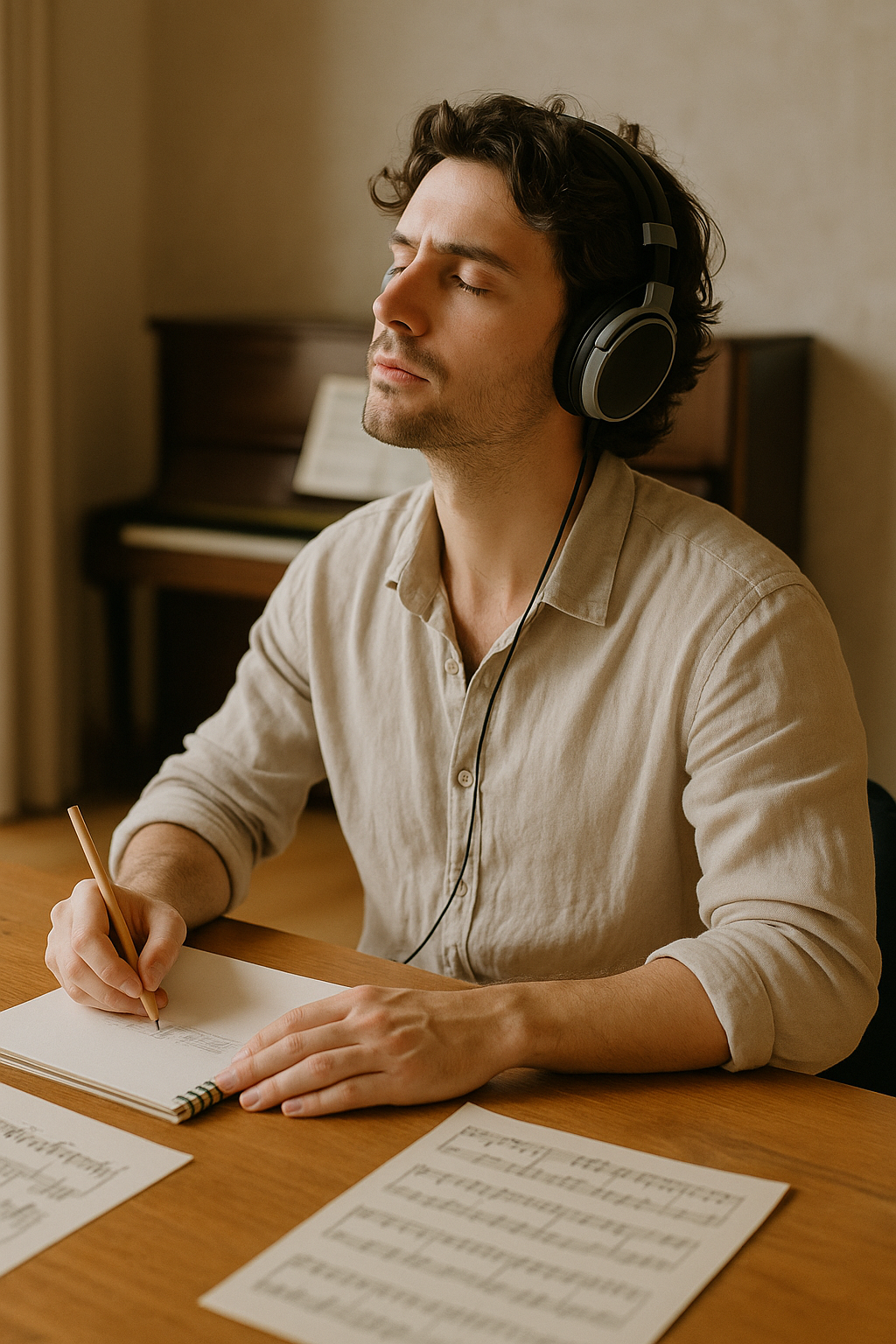 Artista concentrado criando ao som de música clássica