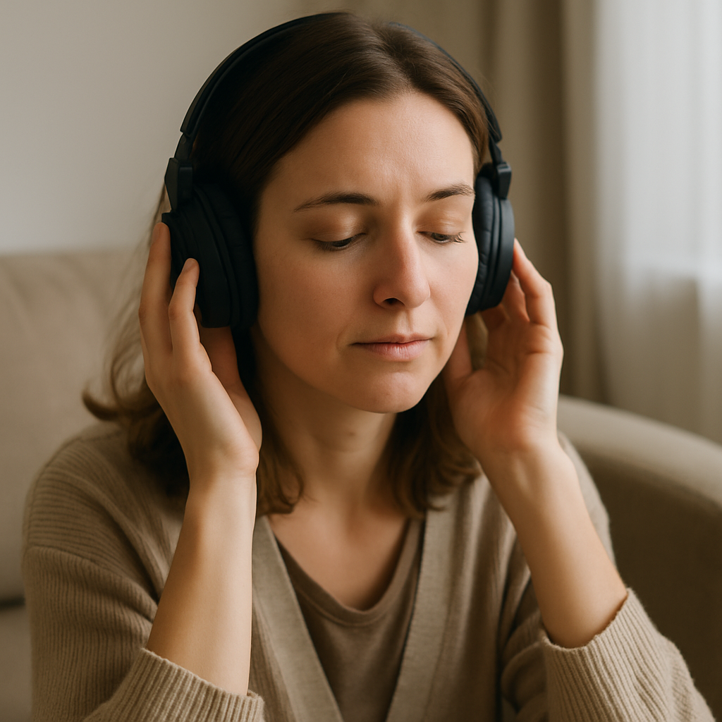 Pessoa relaxando e sentindo alívio emocional ao ouvir música