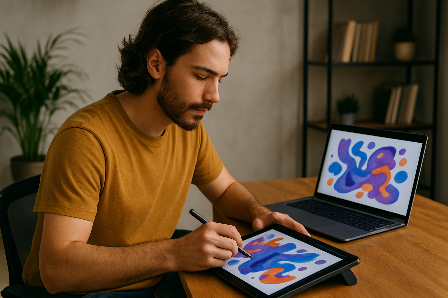 Homem trabalhando com arte digital em notebook usando software acessível