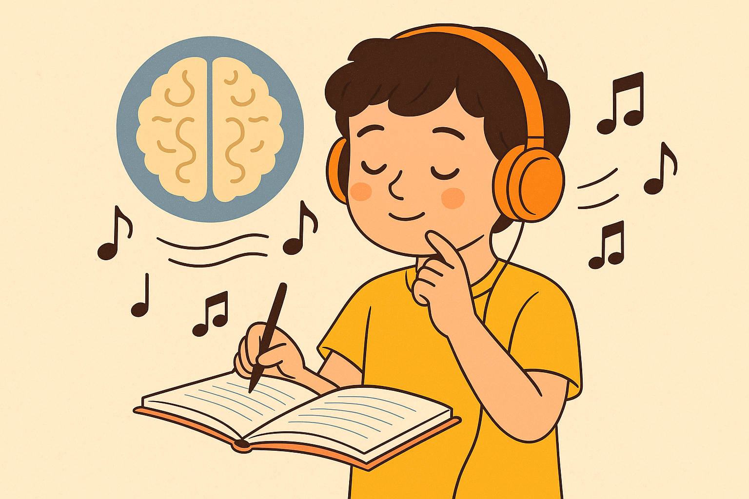 Criança estudando e ouvindo música de forma leve