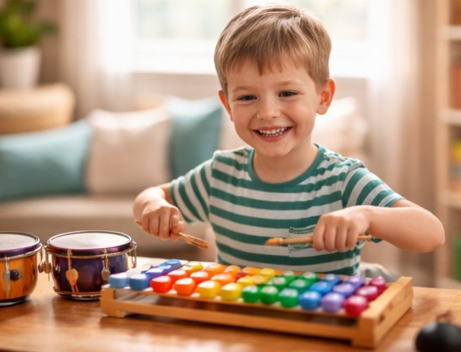 família usando música para estimular aprendizado infantil