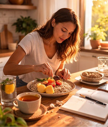 Práticas de bem-estar no dia a dia com alimentação equilibrada e rotina saudável