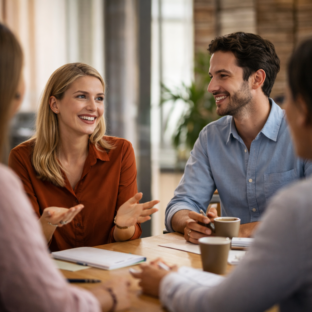 Conversa em grupo com postura confiante e comunicação aberta