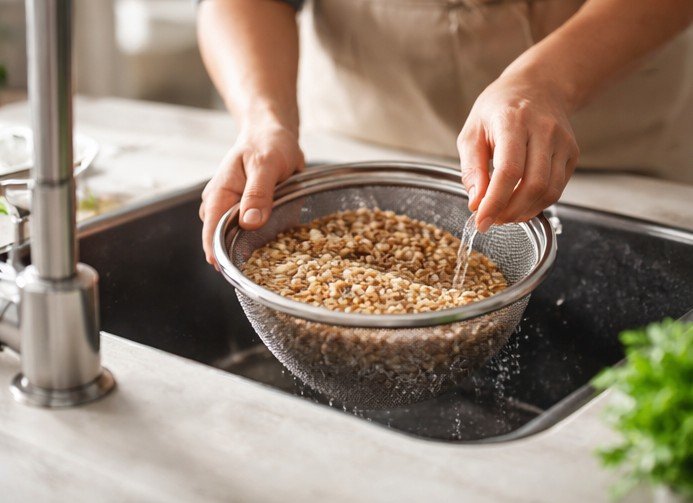grãos integrais sendo hidratados em água