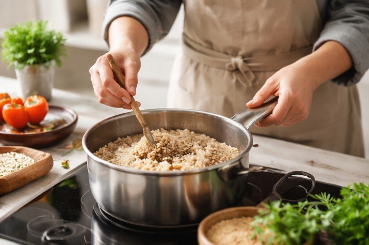arroz integral cozinhando na panela