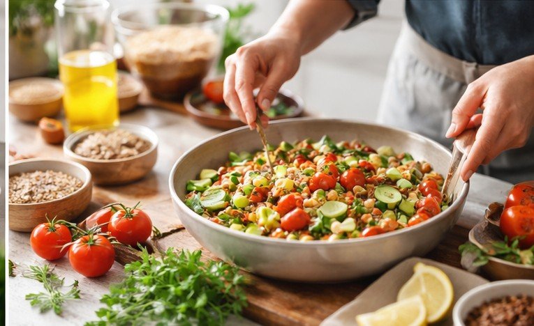 preparo de grãos integrais em cozinha organizada