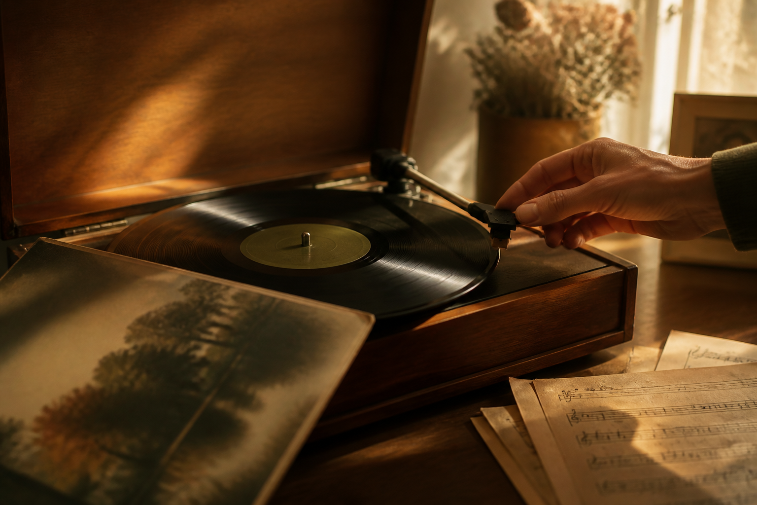 Mão posicionando a agulha de uma vitrola antes de começar a música