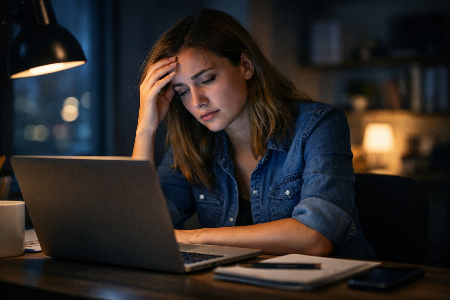 mental fatigue woman working on laptop feeling exhausted at night