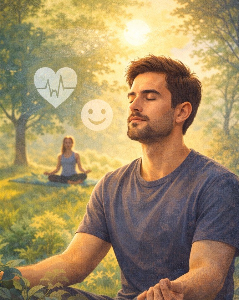 Pessoa refletindo sobre saúde mental e emoções em ambiente tranquilo