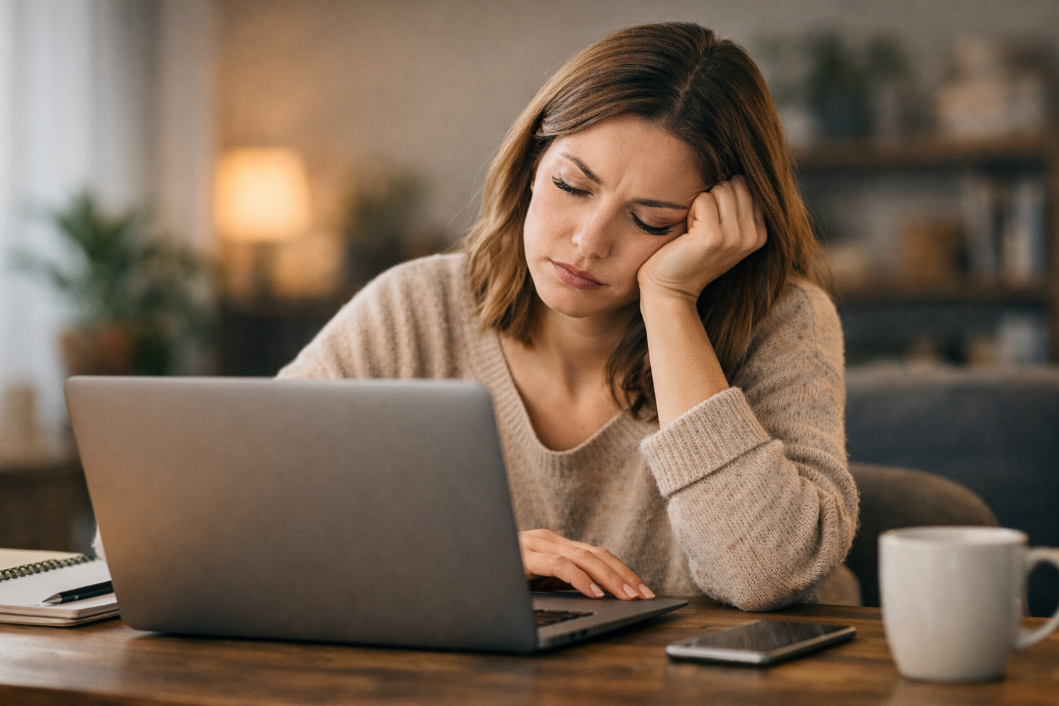 mulher com cansaço mental trabalhando no notebook e se sentindo sobrecarregada
