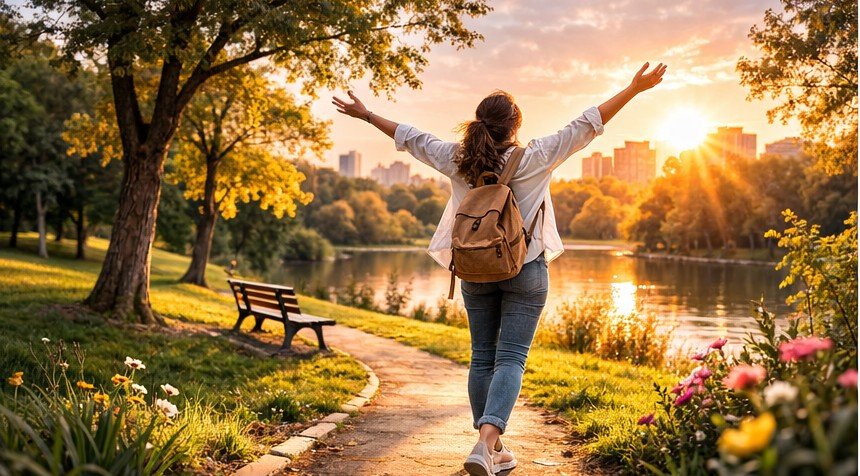 Pessoa caminhando ao ar livre, simbolizando atividade física leve como apoio no cuidado da depressão