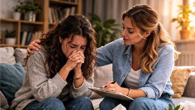 Pessoa com expressão de tristeza e cansaço emocional, ilustrando sintomas da depressão