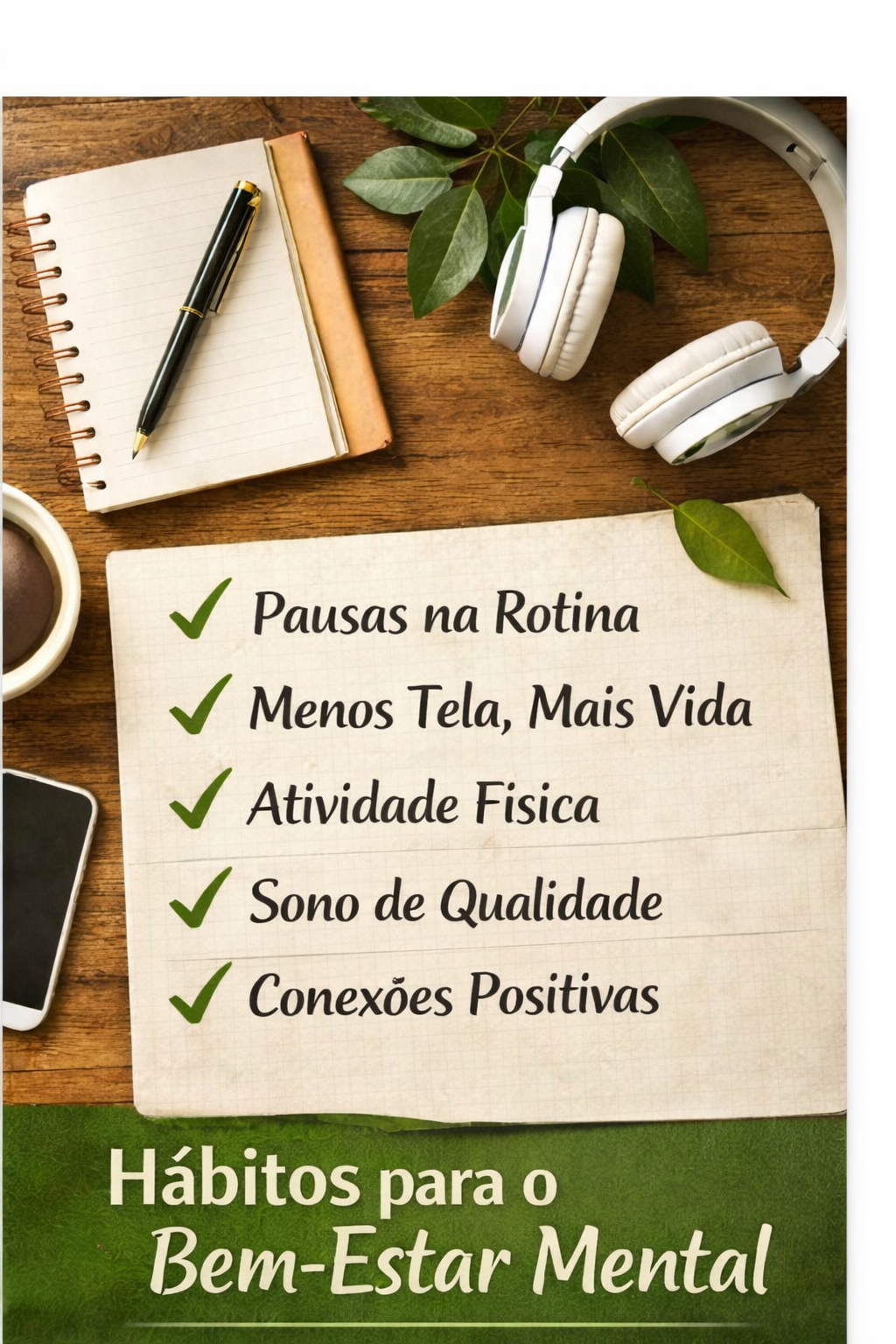 Hábitos para o bem-estar mental como pausas na rotina, menos tela, atividade física, sono de qualidade e conexões positivas