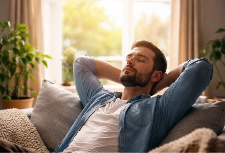 pessoa relaxando em casa recuperando energia mental e reduzindo estresse