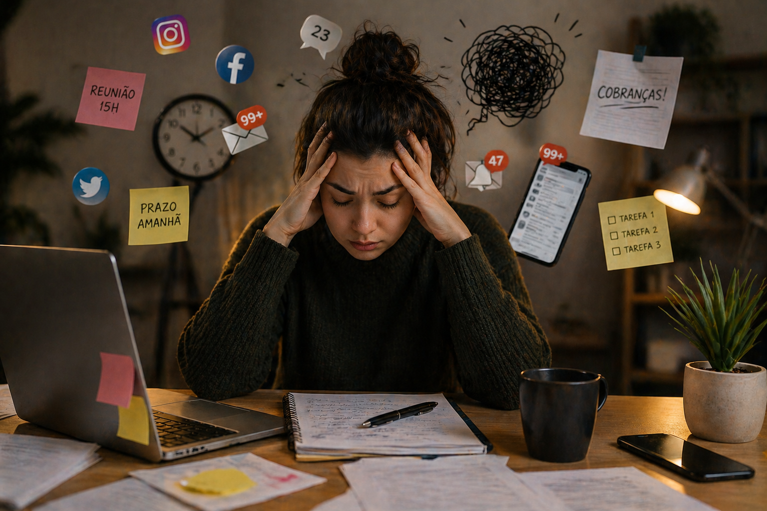 Sobrecarga mental causada por estímulos, notificações e cobranças