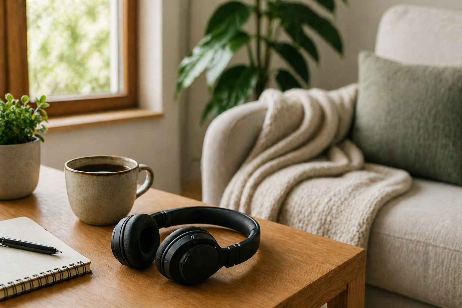 fone de ouvido em ambiente tranquilo para aliviar ansiedade com música