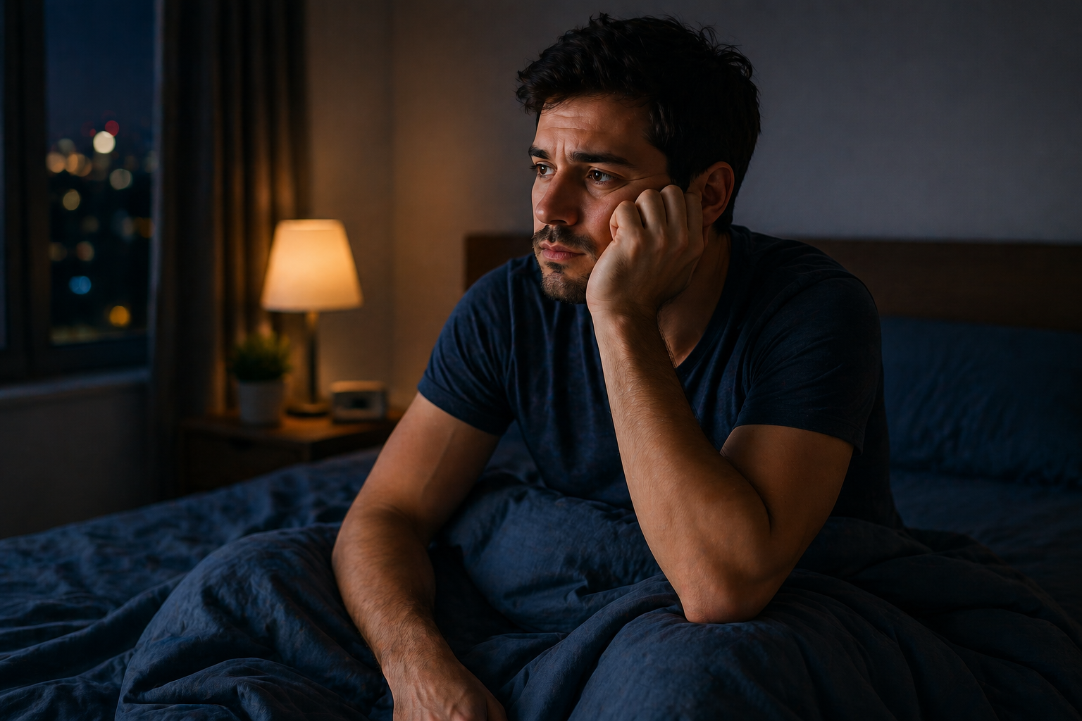 Homem acordado à noite com a mente acelerada antes de dormir