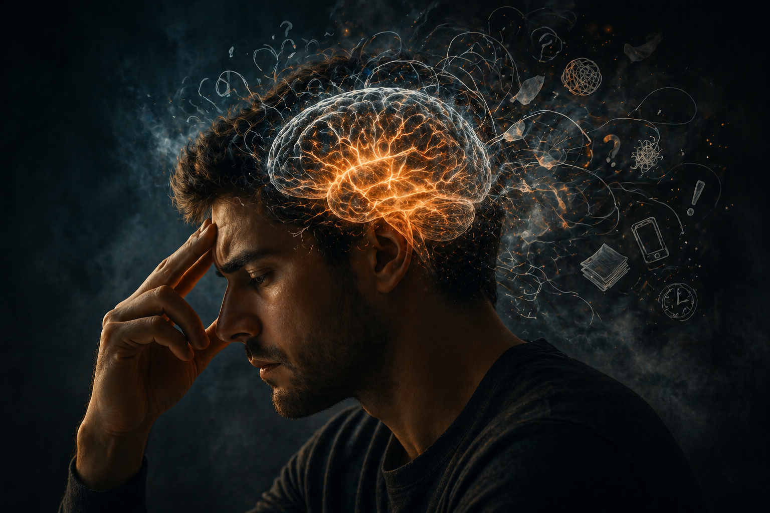 Ilustração de mente sobrecarregada com pensamentos acelerados