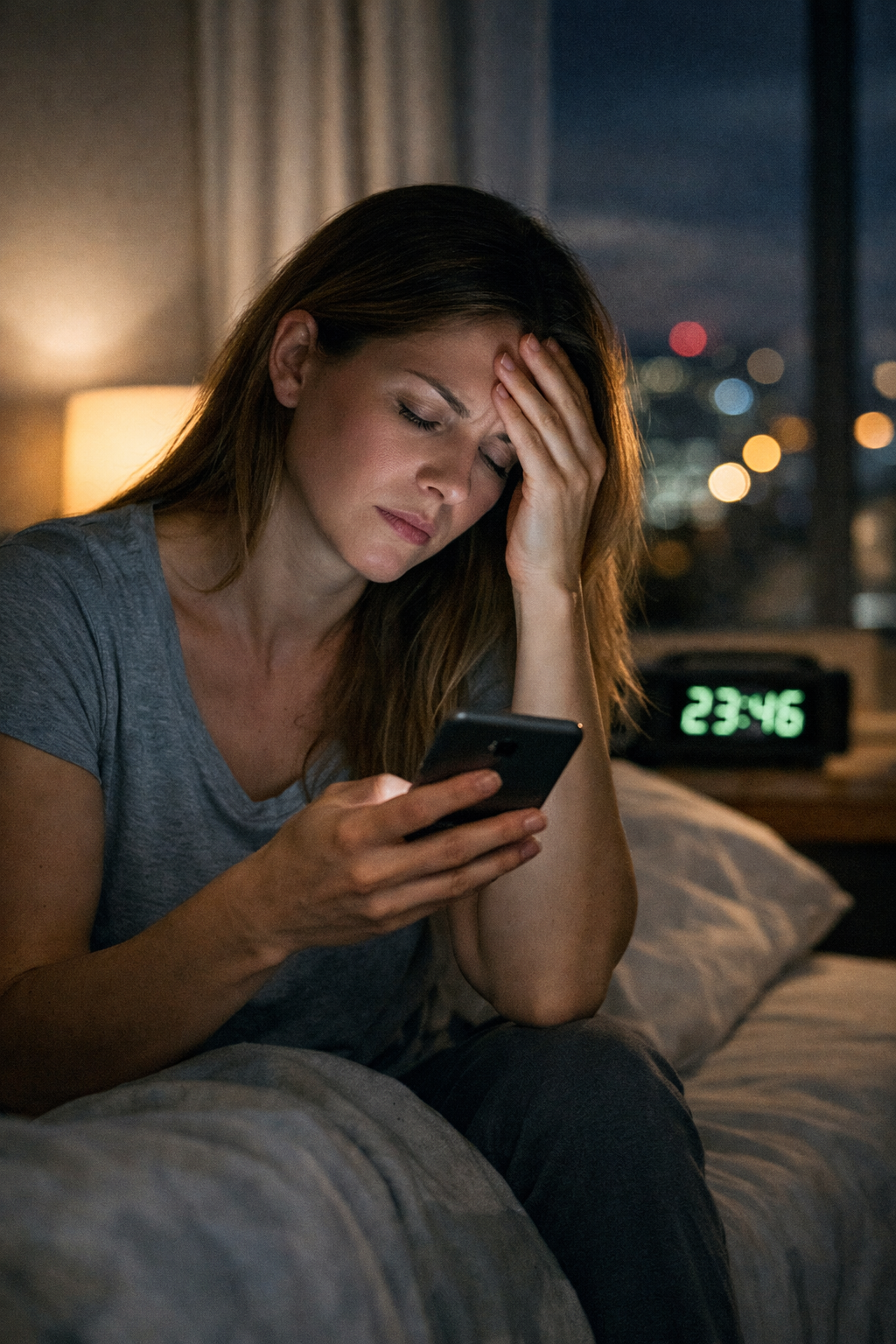 sinais de cansaço mental mulher cansada olhando o celular à noite com expressão de esgotamento