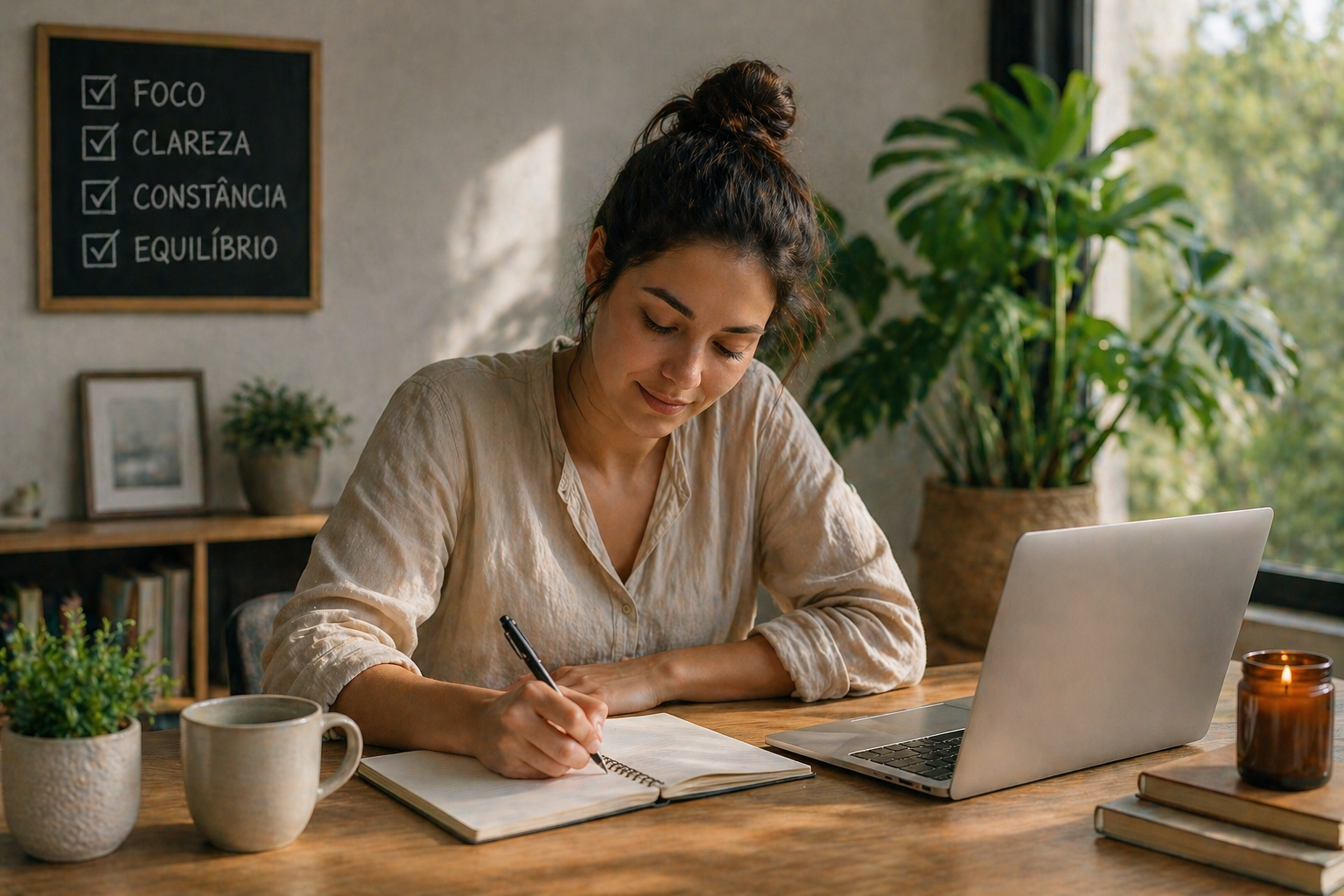 Pessoa escrevendo com calma em um ambiente organizado e equilibrado