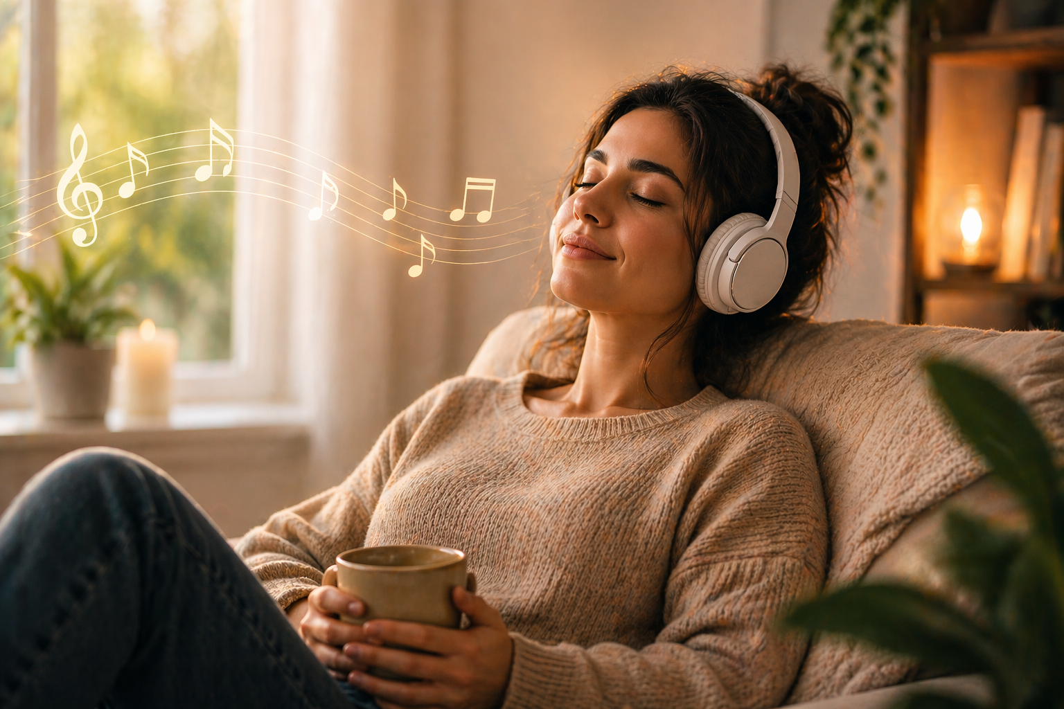 mulher relaxando com música para aliviar a ansiedade e acalmar a mente
