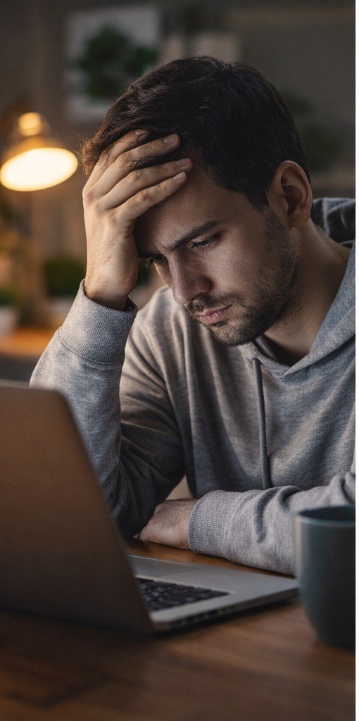 Pessoa com as mãos no rosto em frente ao notebook, mostrando exaustão mental, sobrecarga e esgotamento emocional