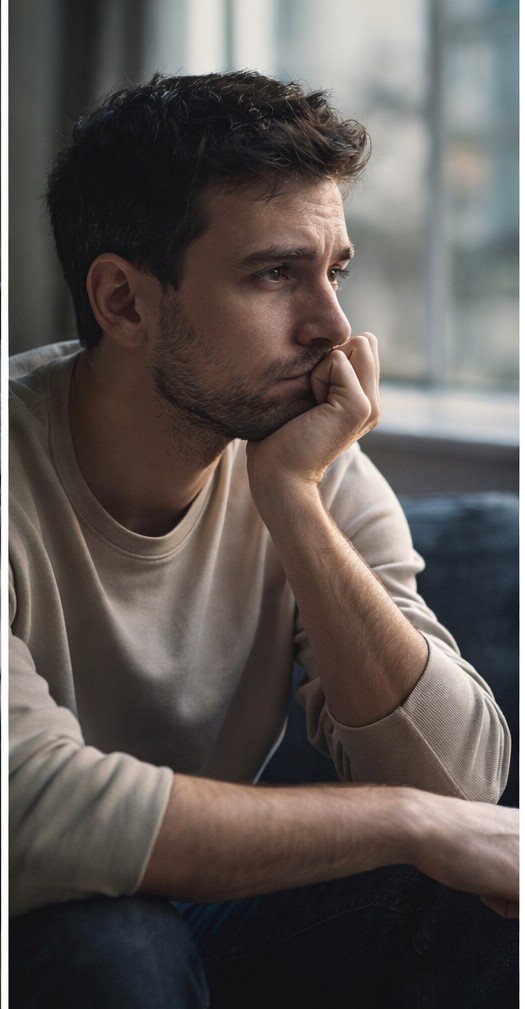 Homem pensativo olhando para o lado, representando sobrecarga mental, reflexão e esgotamento emocional
