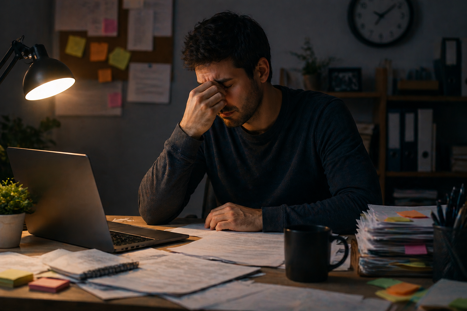 Homem sobrecarregado no trabalho durante a noite