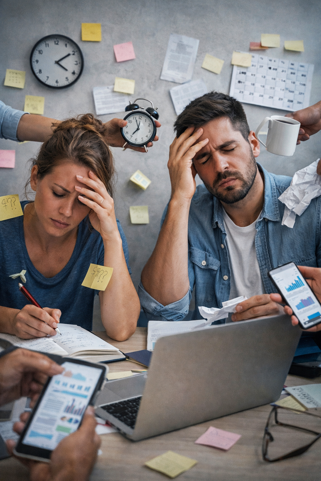 pessoas sobrecarregadas em ambiente bagunçado representando cansaço mental e excesso de estímulos
