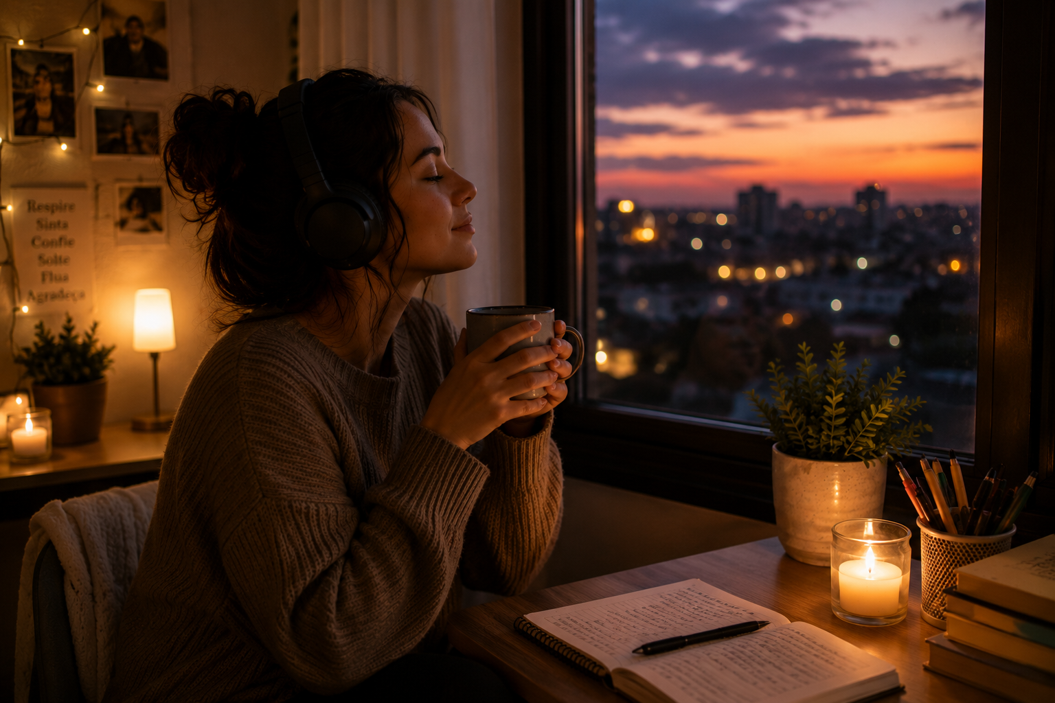 Pessoa ouvindo música perto da janela em um momento de calma e descanso mental