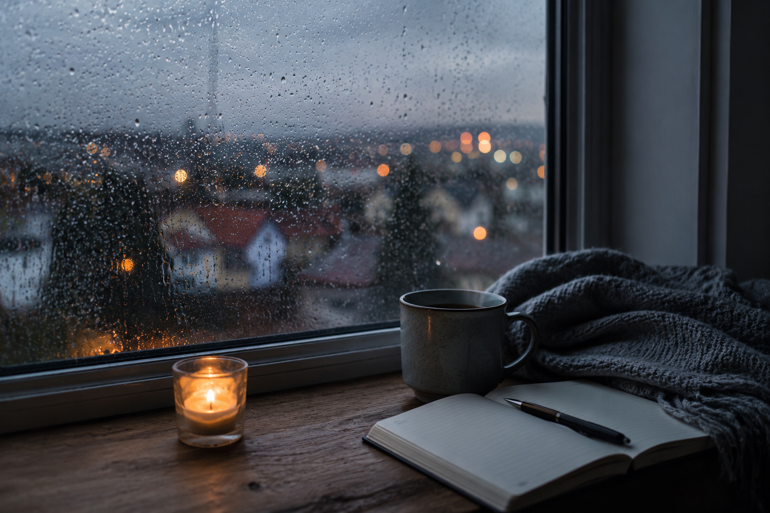Janela com chuva, caderno aberto e ambiente silencioso representando pausa emocional