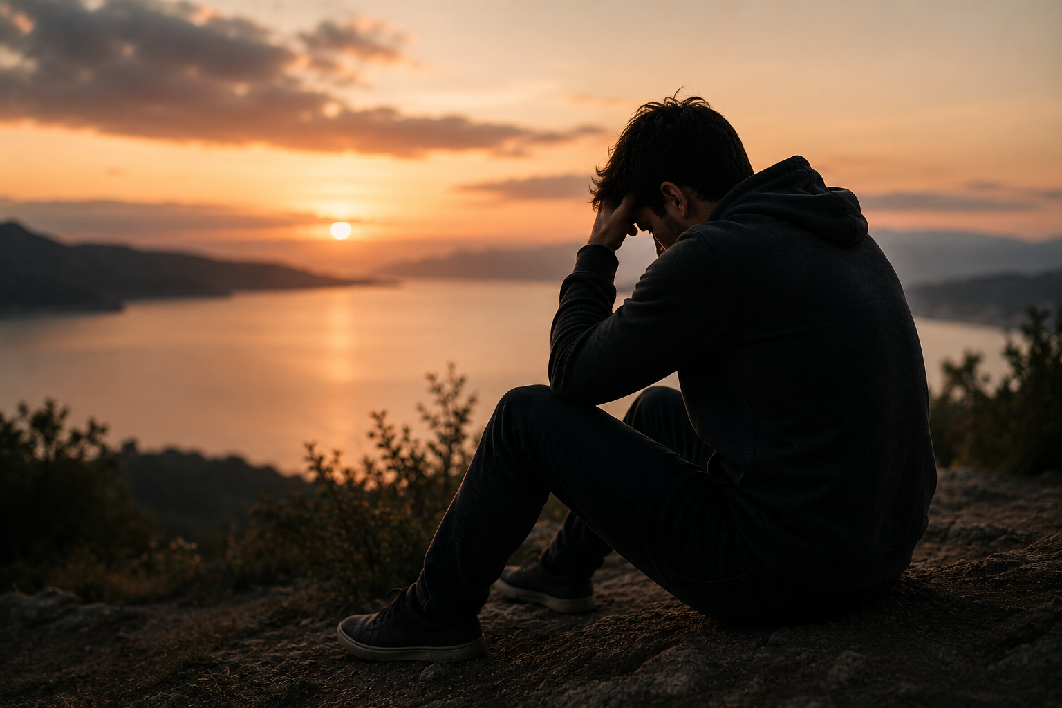 Homem refletindo ao pôr do sol representando pausa mental e clareza emocional