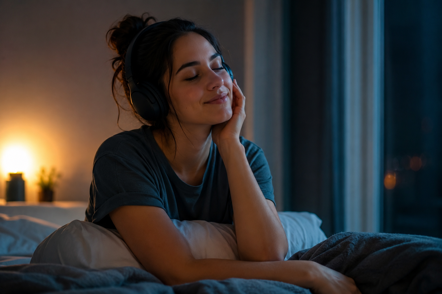 Pessoa ouvindo música com fones em um momento de calma e conforto emocional