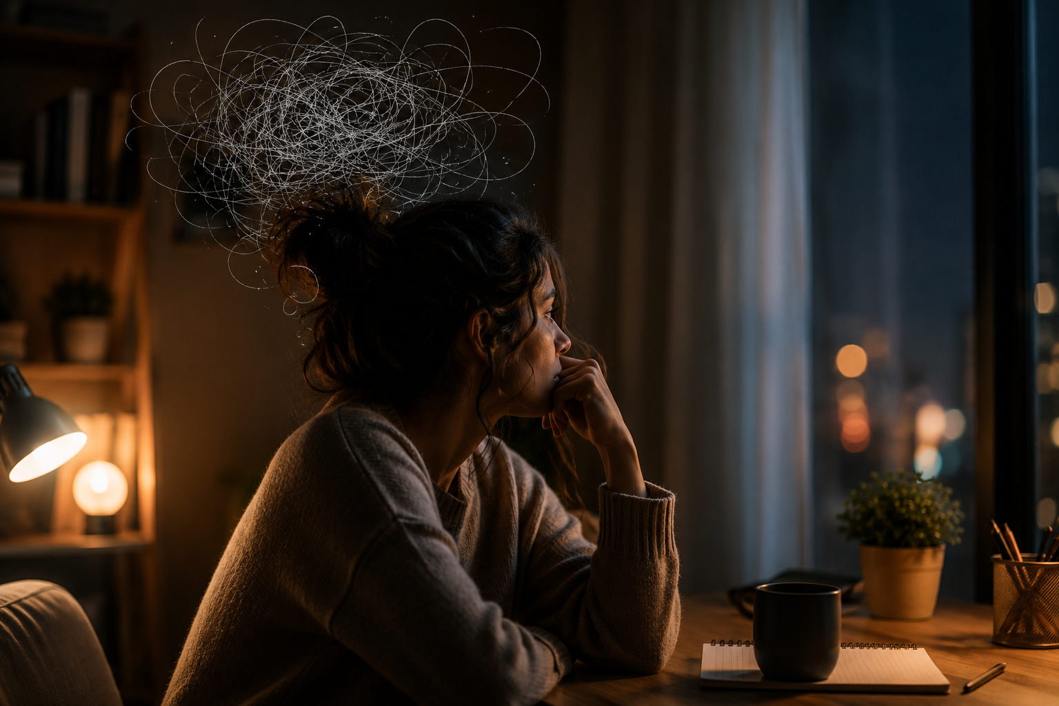 Mulher pensativa à noite com sensação de mente acelerada e excesso de pensamentos