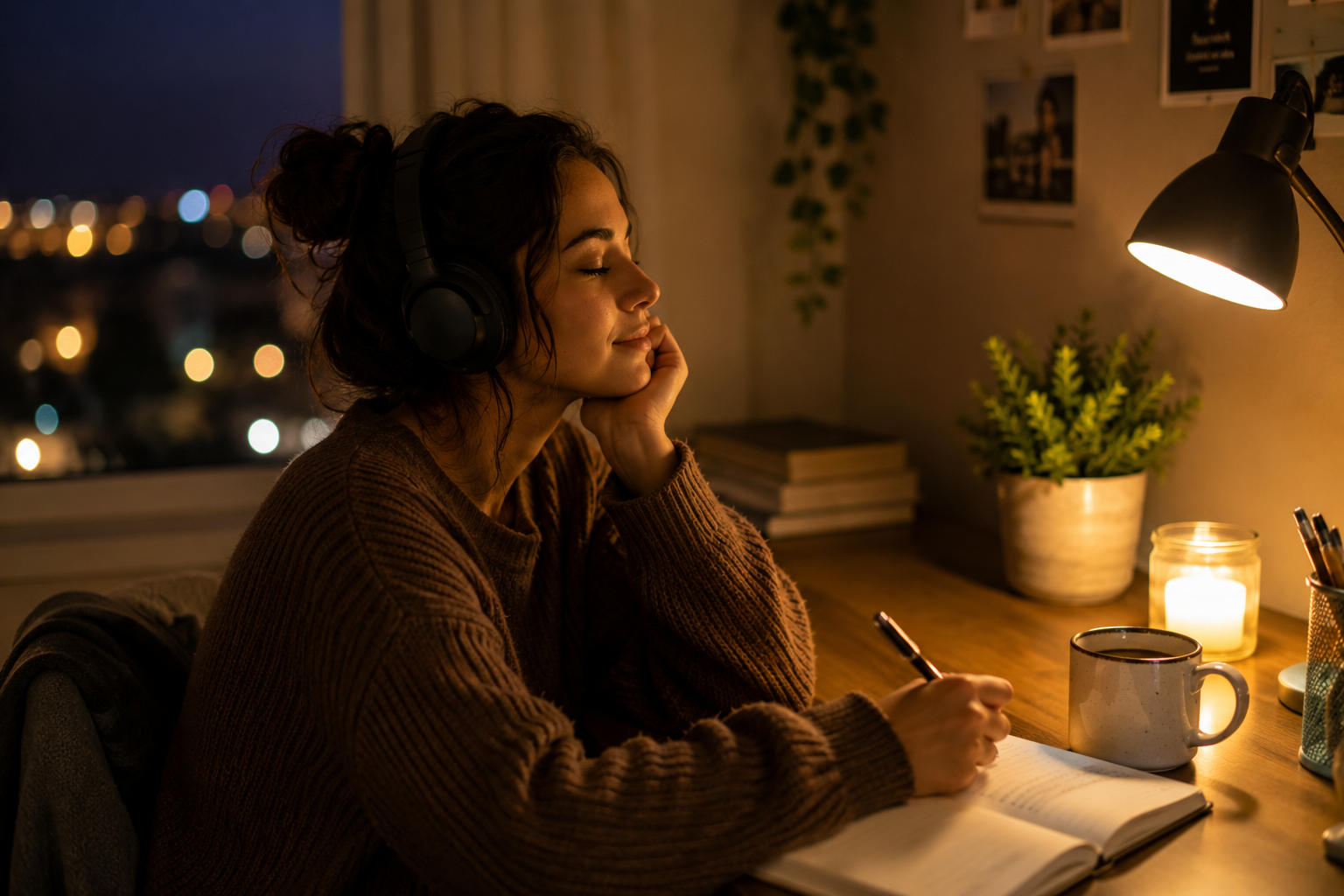 Pessoa ouvindo música enquanto escreve em um momento de reflexão emocional