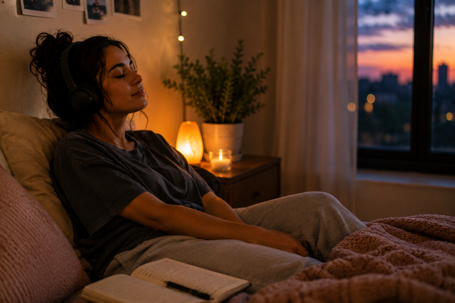 Pessoa descansando enquanto ouve música em um ambiente tranquilo